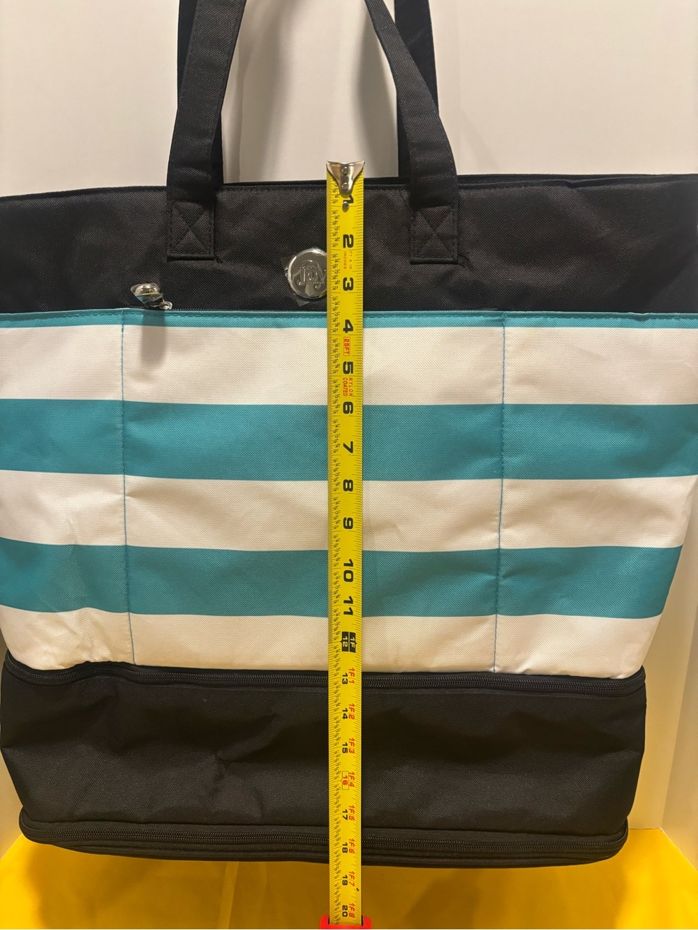 Joy Mangano Black and Turquoise Striped Tote with Silver Logo